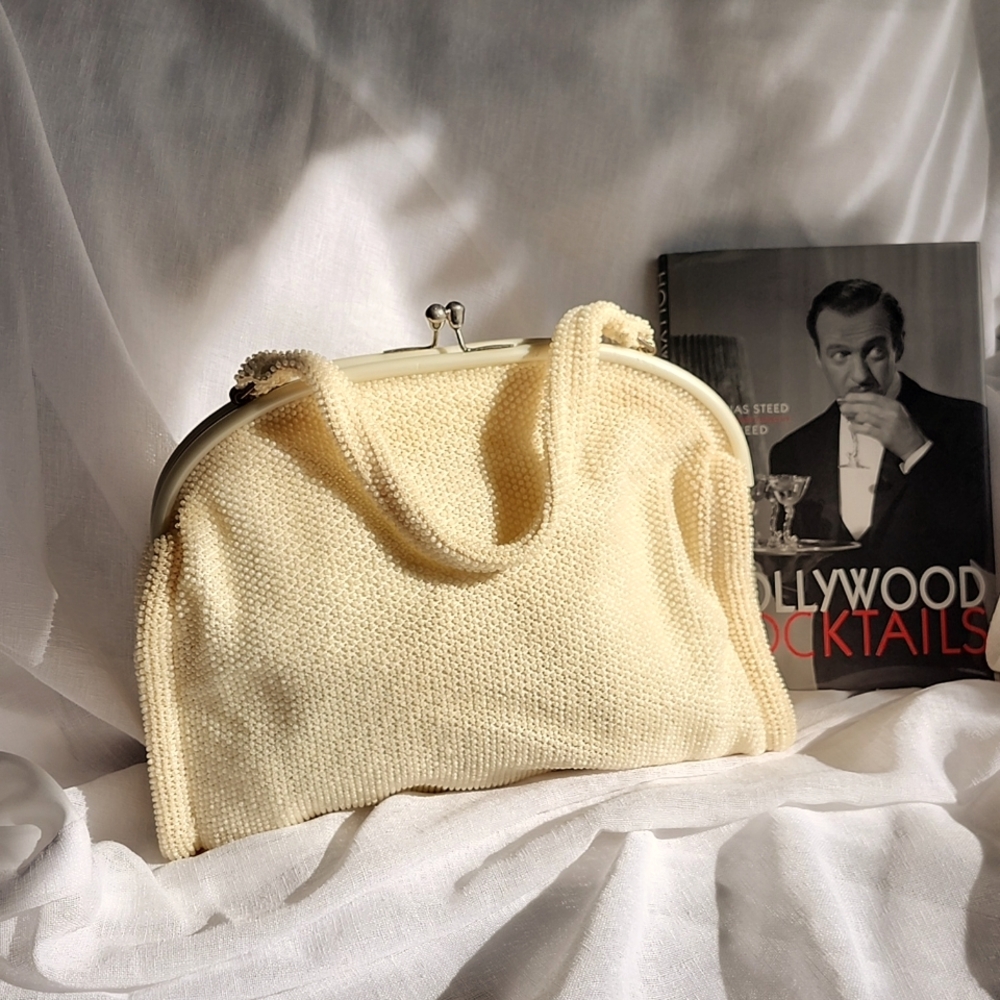 Vintage 1950's Unbranded Off-White Medium-Size Beaded Bag, $40